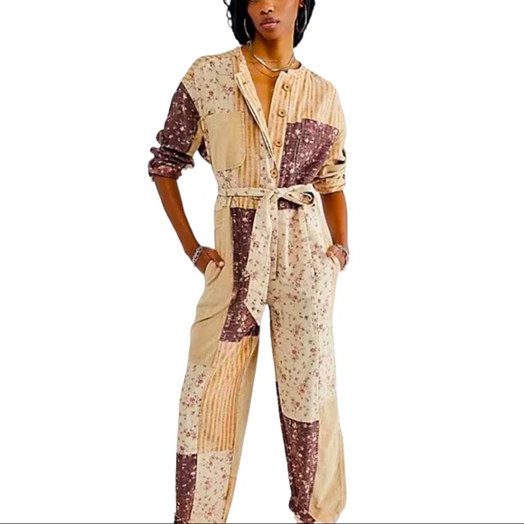 Free People Road Trip Patched M Pink Beige Utility Belted Patchwork Coveralls - Picture 3 of 7